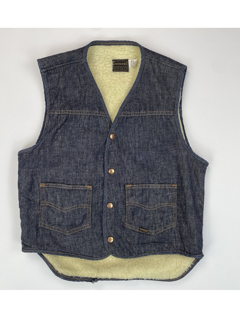 Vintage 70s Sears Roebuck Denim Shearling Trucker Vest Medium USA Made Snaps